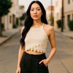 January 7 Women’s Taupe Knit Crocheted Flowers Cropped High Neck Tank Top